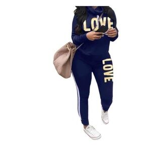 Navy Blue LOVE Print Women's Tracksuit